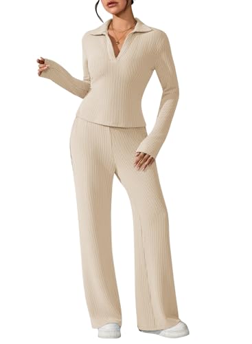 Pink Queen Women's Athletic Clothing Sets Long Sleeve V Neck Knit Tracksuits Casual Matching Set Apricot M