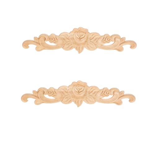 MUXSAM 2Pcs Rose Wood Carved Onlays Decorative Appliques, Unpainted Long Center Carving Decal for Door Wall Ceiling Cabinet Dresser Mirror Bed Mantel Bench Fireplace Decor, 20x5cm/7.87