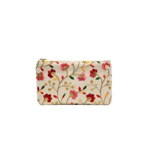 Polyester Traditional Hand Purse Ladies with Zip | Embroidery Ethnic Pouch/Wallet Purse for Women | Return Gift for Ladies | New Flower - Cream-image-38