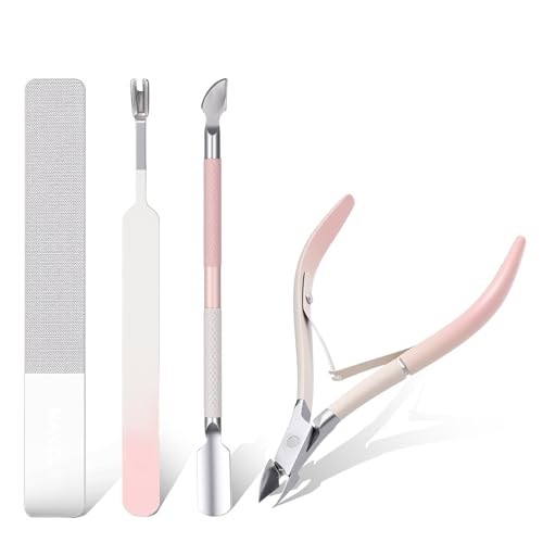 4 Pcs Cuticle Clipper with Single Dual Ended Pusher and Nail File, Stainless Steel Nail Cuticle Trimmer Cutter Extremely Sharp Full Jaw Cuticles Nipper for Women Professional Salon and Home Use