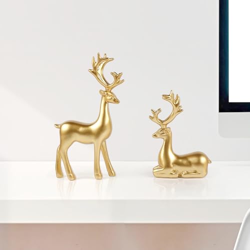 Estatuas de renos de resina dorados, 2 piezas miniatura 2