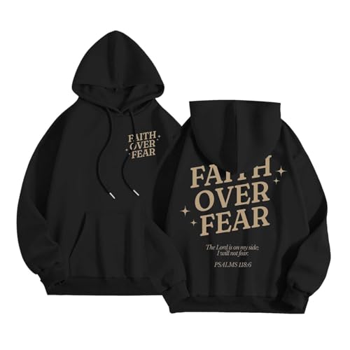 Image of Women's Faith Over Fear Trendy Hoodies Comfort Jesus Christian Hooded Outfits Thin Fall Casual Beach Summer Graphic Sweatshirts Essential Pullover Fashion College Y2K Cool Workou Black