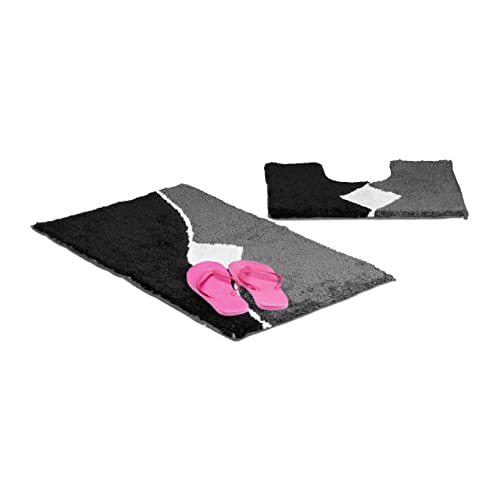 Relaxdays 2-Piece Bath mat Set Badgarnitur 2-teilig mit Grafikmuster, Für Fußbodenheizung, Waschbar, Badematte Vorleger, Für Stand-WC, 80 x 50 cm, grau, Polyester, 50 x 80 x 1.5 cm