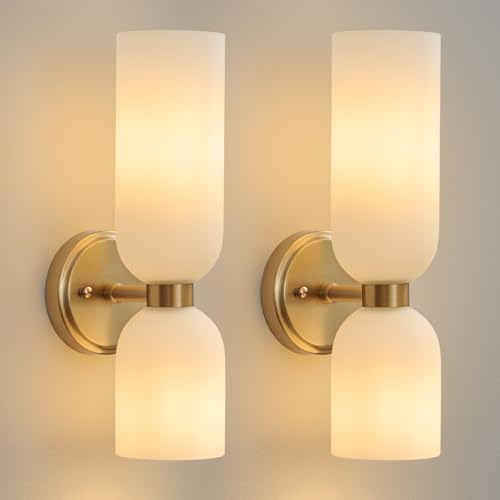 Mid Century Bathroom Wall Sconce: Set of 2 Gold Brass Milk Glass Decor