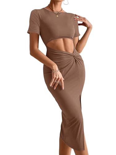 Image of Rooscier Women's Twist Cutout Waist Split Crewneck Short Sleeve Bodycon Midi Dress