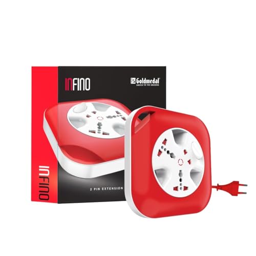 Image of Goldmedal Infino 2 Pin Extension Cord(White and Red) Pack of 1,Master Switch with Indicator,Heavy-Duty 5-Meter Cable,International Sockets & 2-Pin Socket