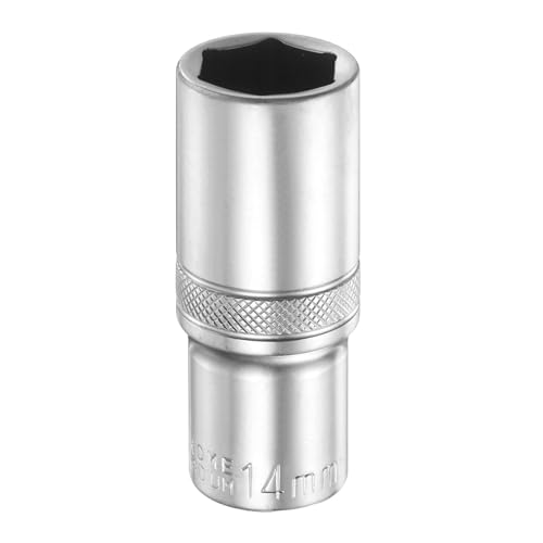 sourcing map 6 Points Deep Socket 1/4" Drive 14mm Deep Metric CR-V Steel Polished Nickel Plating Flip Sleeve 50mm / 2" Extra Long Socket Tool for Home Auto Nuts Bolts Repair