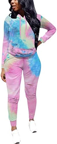 KUBAO 2 Piece Outfits for Women Round Neck Workout Ripped Hole Clothes Sets Blue Pink XXXL