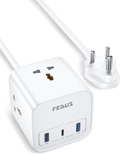 Image of FEDUS Surge Protector, 3 Way Cube Shape Universal Sockets with USB Port Type A & C, 6 Feet Long Cable, Extension Board Cord Overload Protection, Fireproof Power Strip Switch Board, Spike Guard