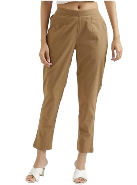 Image of D K W Women's Mid Rise Relaxed Fit Cotton Flex Trousers with Elastic Back & Drawstring - Ideal for Winter, Formal, Office & Casual Wear, Comfortable for Girls and Women
