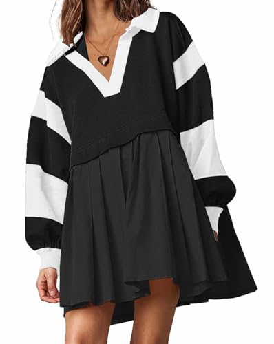 SAUKOLE Womens Oversized Casual Sweatshirt Patchwork Dress Fall Long Sleeve Trendy Lapel Neck Pleated Mini Dress