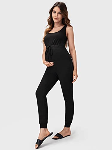 Oyoangle Women's Maternity Scoop Neck Sleeveless Drawstring Waist Pants Romper Jumpsuit Black Xl #TOP2
