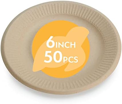 100% Compostable Disposable Paper Plates Bulk [6" 50 Pack], Bamboo Plates, Eco Friendly, Biodegradable, Sturdy Small Dessert Party Plates, Heavy-Duty, Unbleached by Earth's Natural Alternative