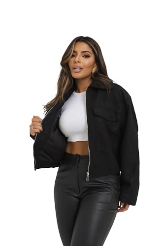 Jaqueta Feminina Curta Lã Batida Zíper e Bolsos (BR, Alfa, G, Regular, Regular, Preto)