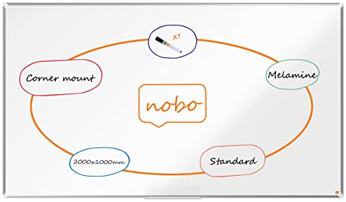 Nobo Melamine Whiteboard, Non-Magnetic, 2000 x 1000mm, Aluminium Trim, Corner Wall Mounting, Includes Whiteboard Pen, Premium Plus, 200 x 100cm, White, 1915172