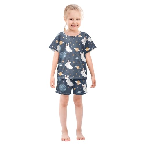 ALAZA Rabbit Space Planet Star Pajamas Set Short Sleeve Cotton Sleepwear Summer Pjs 2 Piece 5-14Y3