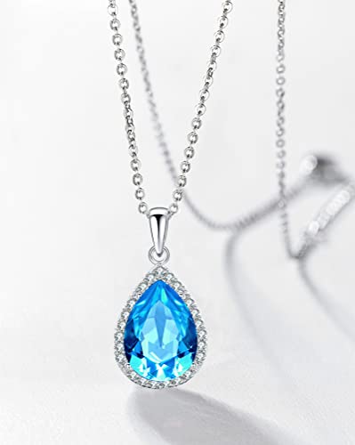 Vonssy Classic Oval Pendant Gemstone Necklace | Crystal Ruby Waterdrop Birthstone Teardrop Emerald Necklace | 18K Platinum Plated Chain | Stylish Meaningful Jewelry Gift For Mother Wife (Blue) #TOP6