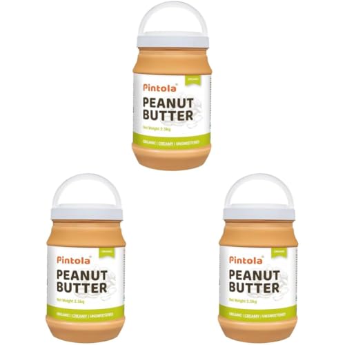 Image of Pintola Organic Unsweetened Peanut Butter Creamy 2.5kg - High Protein 30g & 9g Dietary Fiber, Made with Organic Peanuts, No Added Sugar, No Preservatives (Pack of 3)