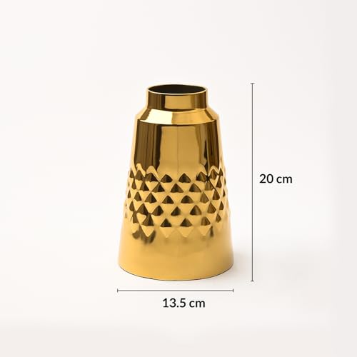 Image of Market99 Metal Flower Holder |Golden Vase with Diamond Pattern in Glossy Texture |Truncated Cone Shape Decorative Piece for Home, Office, Tabletop & Festive Gifting |Designed to Catch the Eye Always