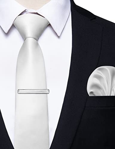 Yourties 2.4" Slim Necktie And Handkerchief Tie Clip Set For Men Satin White Solid Skinny Tie Wedding #TOP1