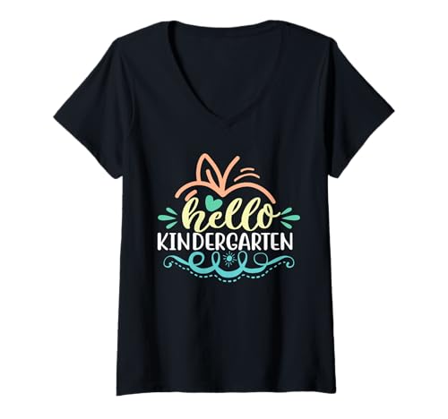 Donna Hello Kindergarten Grade Funny Back To School Kids Maglietta con Collo a V