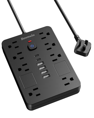 Bawmwim Surge Protector Power Strip - 8 Outlets(1850W/15A) with 6 USB Ports（2 USB C, 6FT Flat Plug Extension Cord, Wall Mount Multi Plug Outlet Extender, ETL Listed for Home, Dorm Room, Black