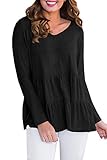 Womens Babydoll Cute Casual Blouse Long Sleeve Pleated Loose Peplum Hem Tops Black M