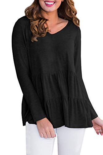 For G and PL Women's Casual Cute Babydoll Blouse Long Sleeve Loose Peplum Hem Pleated Tops Black L