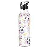 FLildon 20oz Water Bottle with Straw Lid, Watercolor Soccer Balls Stainless Steel Sport Water Bottle Leak-Proof Double-Wall Vacuum Insulated Bottles
