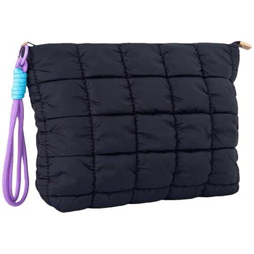 CECKQUE Black Puffer Quilted Makeup Bag for Women with Wrist Straps - 10" Roomy Puffy Cosmetic Pouch, Travel Toiletry Organizer Bag (BK-WS-BP)