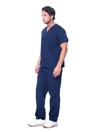 Dagacci Scrubs for Men Set - V-Neck Scrub Top and Cargo Pants - 8 Pockets Men Scrubs Set (Large, Navy Blue)