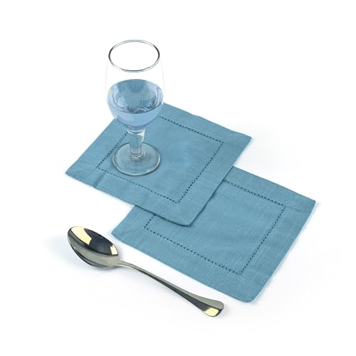 Image of Fingercraft Cotton Cocktail Napkins 6x6 Inches - Set of 12 Reusable Cloth Beverage Coasters with Elegant Ladder Hemstitch - Perfect for Parties, Bars & Home Use (Powder Blue Slub)