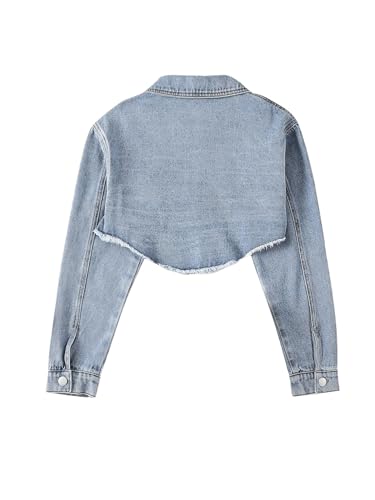 Girl's Long Sleeve Asymmetrical Raw Hem Coat Collared Neck Button Up Crop Denim Jackets with Pockets2