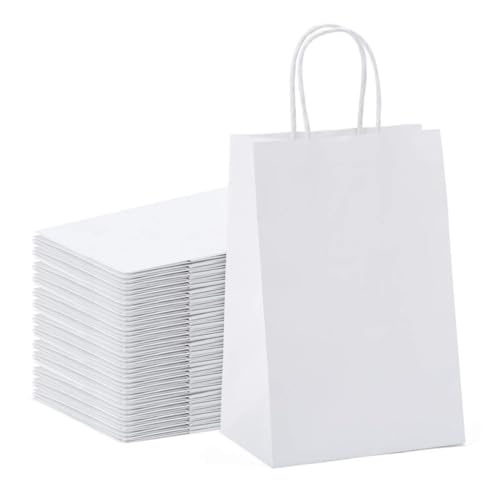 ecoway Kraft Paper Bags - Pack Of 25 Craft Medium Paper Grocery Bags With Handles For Shopping, Party, Birthday, Wedding Gift, Retail, Merchandies Ecofreindly Reusable White (28 X 16 X 28 CM)