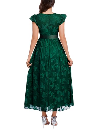 Image of Women's Casual Tulle Midi Dress Ruffle Sleeve Crewneck Lace Flowy Dresses Party Wedding Guest Sundress