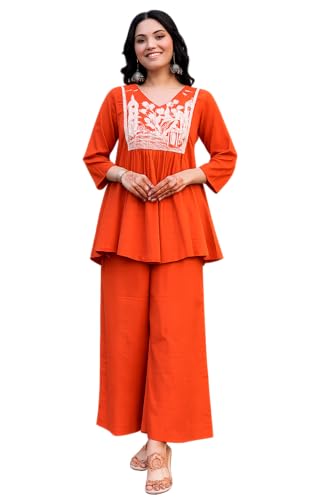 Women's Rayon Ethnic Co-ord Set | Rust Orange Rayon Kurti with Wi...