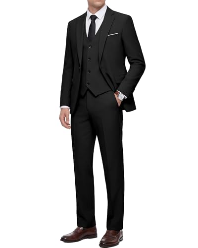 WULFUL Men's 3 Piece Slim Fit Suit Set Stretch One Button Blazer Jacket Vest & Pants Tuxedo for Party Wedding Business Black