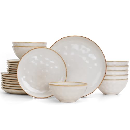 Image of Famiware Dinnerware Sets for 8, Ocean Round 24-Piece Kitchen Plates and Bowls Sets, Reactive Glaze, Microwave and Dishwasher Safe, Scratch Resistant, Cappuccino White