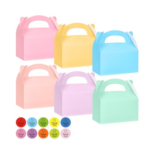 42 Pcs Pastel Party Food Boxes Colorful Party Bags Boxes 6-Color Gable Design for Sweets Treats & Cookies Includes Stickers 16x9x8cm Lunch Goodie Container