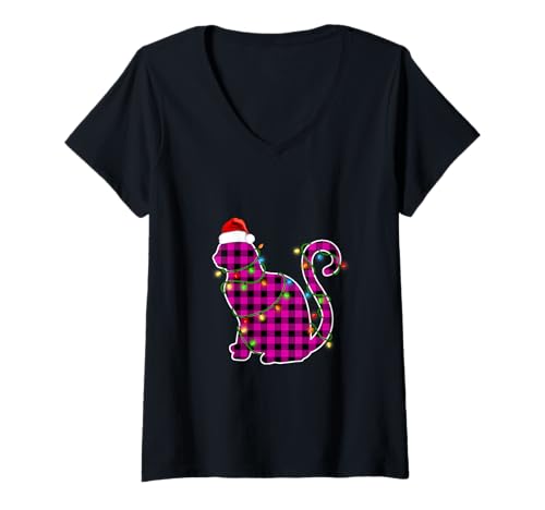 Mujer Pijama de búfalo Rosa a Cuadros con Luces de Navidad para Mujeres Camiseta Cuello V
