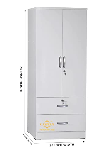 Image of CASPIAN Engineered Wood 2 Door Wardrobe (White) | Pre Assembled Home Furniture with Hanging Space | Cupboard /Almirah for Bedroom Clothes Storage Organizer with Removable Shelves & Drawers