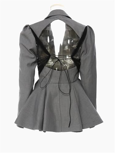 Women's Gray Backless Mesh Ruffled Blazer Lapel Long Sleeve Loose Jacket4