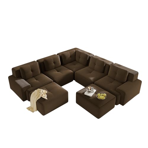 Image of 116.1 inch Modular Sectional Boneless Sofa with 5-Seater, V-Shaped Corner Deep Seat Sofa for Living Room, Big Comfy Cloud Couch with 2 Movable Ottomans, Corduroy Fabric, No Assembly, Brown