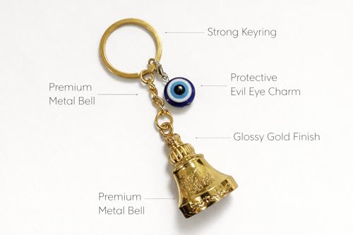 Image of Gold Guardian Bell For Bike Keychain with Evil Eye Charm - Good Luck Motorcycle Bell for Riders | Protective Biker Gift for Men, Women, Friends & Loved Ones | (Shiny Golden with Evil Eye)