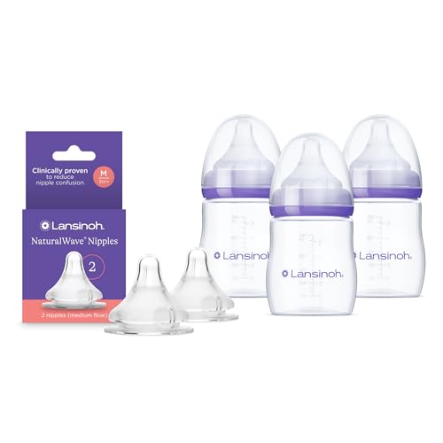 Image of Lansinoh NaturalWave Medium Flow Nipples (2 ct) + 5 oz Anti-Colic Baby Bottles (3 ct) with Slow Flow Nipples, BPA-Free, Soft Silicone for Comfortable Feeding