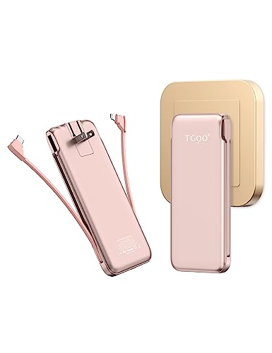TG90° 10000mah Power Bank with Built in AC Wall Plug, Ultra Slim Portable Charger with Built in Cables External Battery Backup Compatible with iPhone Android Smart Devices