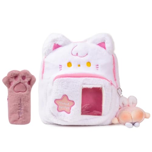 3Pcs Cute Plush Mini Backpack for Girls Cartoon Cat Kindergarten Schoolbag Kawaii Small Bookbag for Kids Girls Students Teen Toddler Casual Travel Daypacks (Pink Cat)