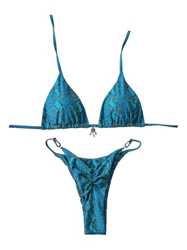 Ensemble bikini froncé bleu à motif serpent avec haut triangle et bas string