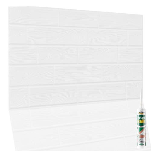 Faux Wood Wall Panels with Adhesive Included - 12 Sheets Covering 5.53 sqm | 59.52 sqft Moisture Resistant Tongue and Groove Panelling - 96 cm x 48cm | 37.79 x 18.89 in – PVC, White Wood Grain Pattern