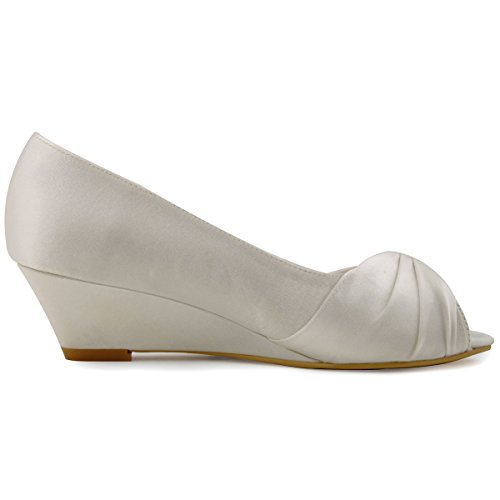 ELEGANTPARK Women Peep Toe Pumps Rhinestones Mid Heel Wedges Satin Wedding Bridal Shoes - Image 4